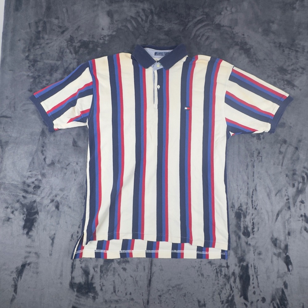 Tommy Hilfiger Polo Shirt Mens Large Multi Color Vertical Stripe Vintage 90s